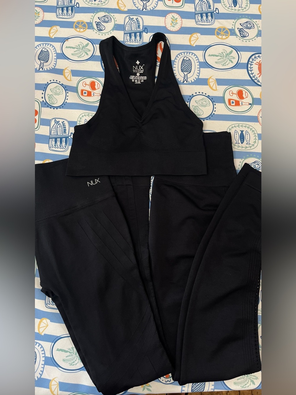 NUX Active 3 Piece Black Seamless Workout Set Tank Sports Bra 2 Leggings Size S